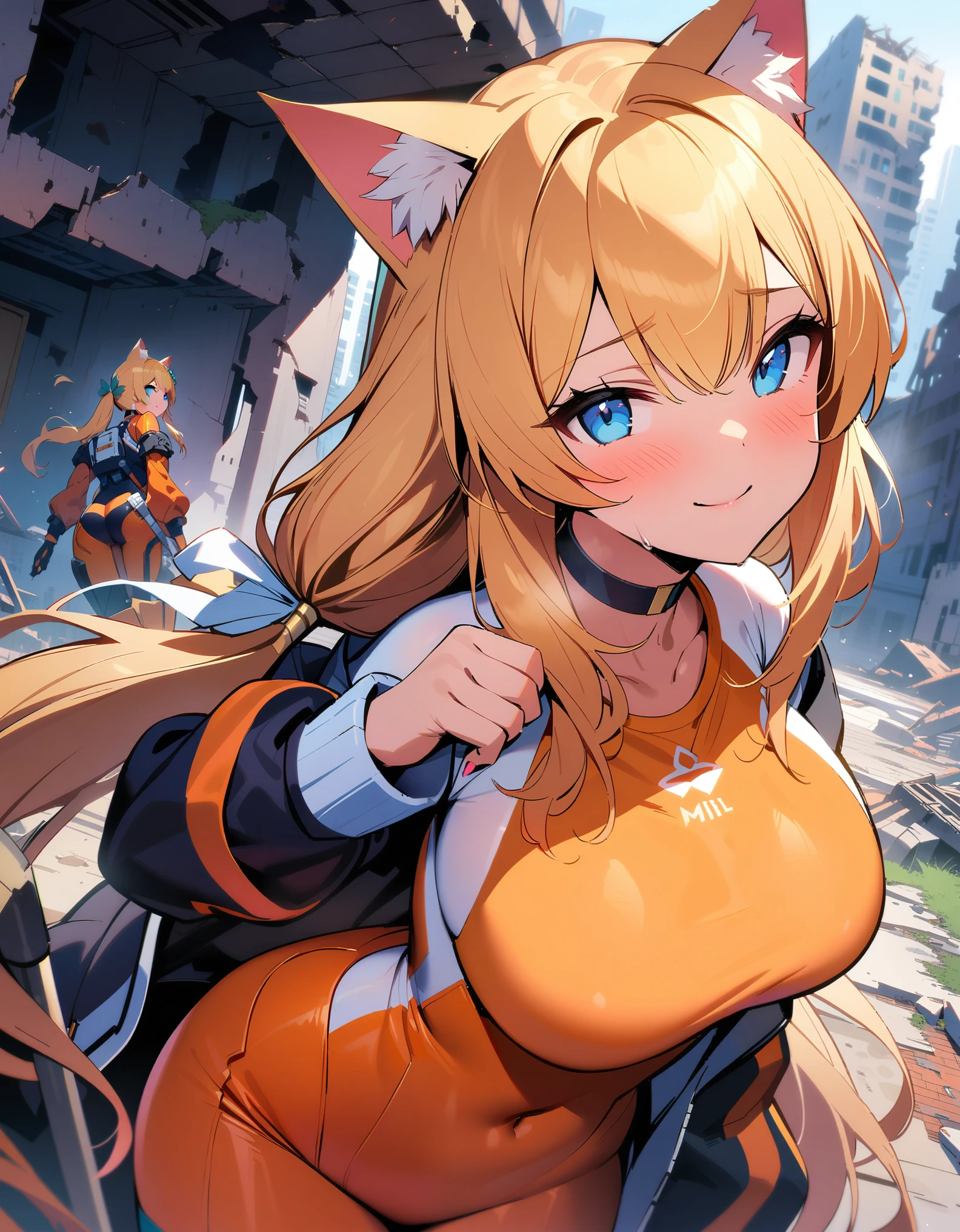 masterpiece, best quality, extremely detailed, 1girl, (milf, gyaru:1.2), solo, mari, (huge breasts), ((((blonde hair), very long hair, twintails, blue eyes, cat ears))), blue lips, (((choker, orange bodysuit mechanical bodysuit))), ((light smile), closed mouth), ((city ruins, destroyed buildings))