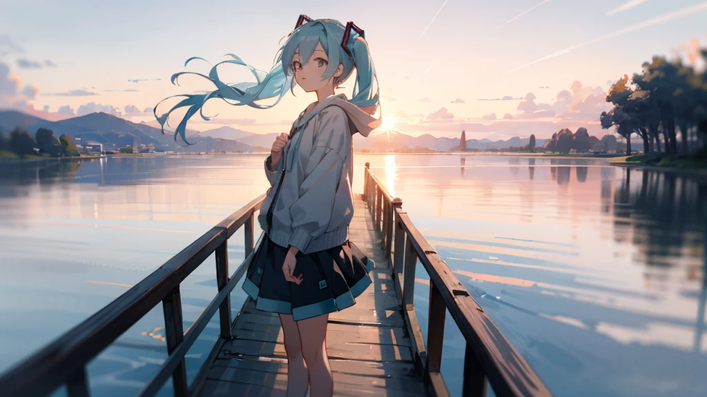 Hatsune Miku in the sunset、Standing on a wooden bridge beside a quiet lake。She is close to the camera、Gazing into the distance with a calm expression。Her hair flutters in the wind、In the background is a calm lake and a sunset sky.。