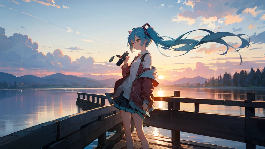 Hatsune Miku in the sunset、Standing on a wooden bridge beside a quiet lake。She is close to the camera、Gazing into the distance with a calm expression。Her hair flutters in the wind、In the background is a calm lake and a sunset sky.。