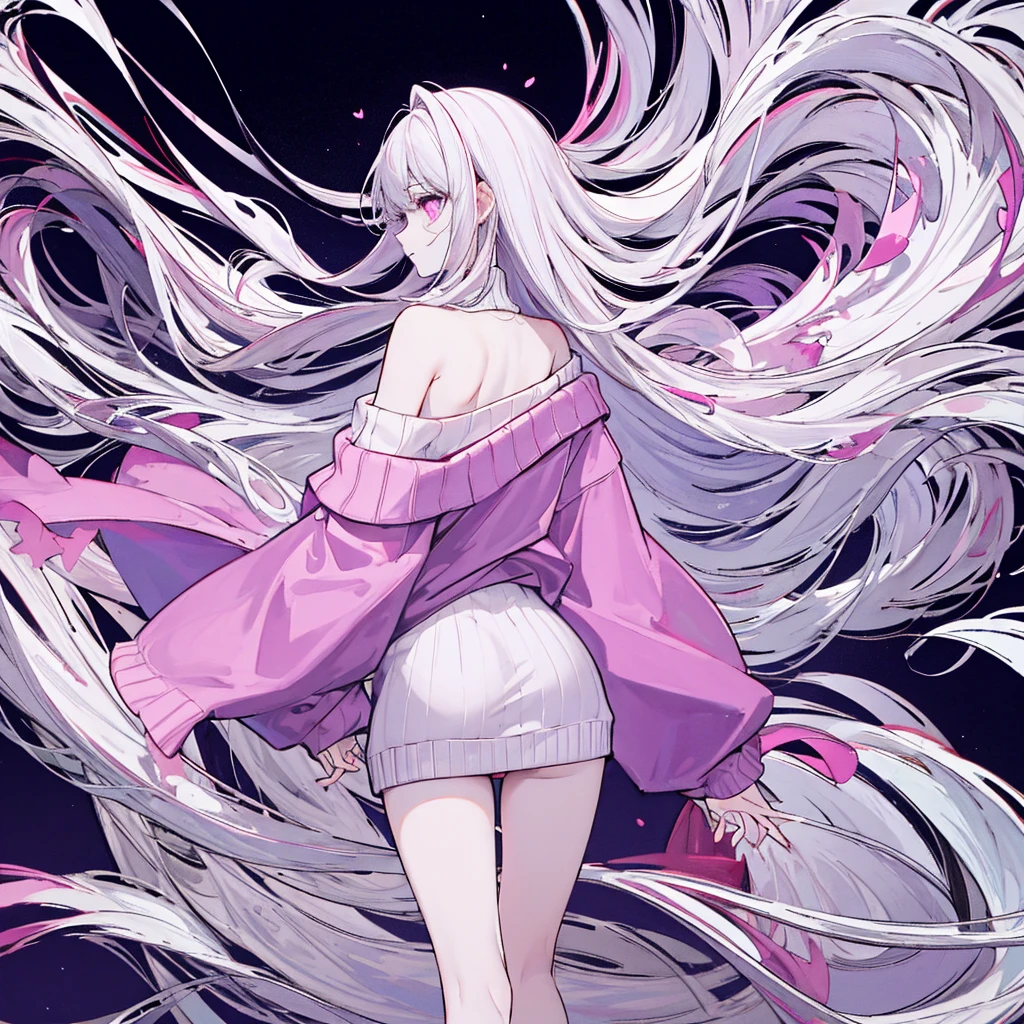 ((Best quality)), ((masterpiece)), (detailed), beautiful sweet girl, night, slender legs, long off-shoulder sweater, albino, violet eyes View from the back of a girl