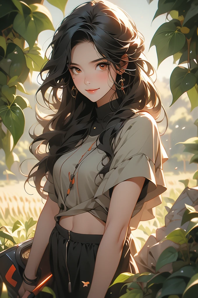 1girl, ant girl, ant abdomen, black hair, amber eyes, smirk, shovel, farm