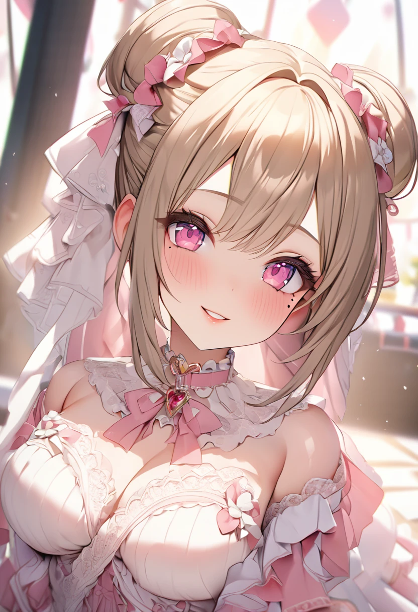 One Girl、Gazing at the audience、
Beautiful pink eyes、Brown double hair buns、Mole under the eye、Plump and glossy lips、Heart-shaped choker、Idol、smile、ー、。。。。。。。。。。。。。。。。。。。。。。。。。。。。。。。。3D、Real、
Only for princess dresses with too many frills、Draped clothes、gem、The decoration has been removed、Floral、Lace trim、Bright Stage、
masterpiece、Highest quality、8k、Detailed skin texture、Detailed cloth texture、Beautifully detailed face、Intricate details、Very detailed、
Ultra-high resolution、8K Ultra HD、Film Grain、Best Shadow、delicate、Gazing at the audience、front