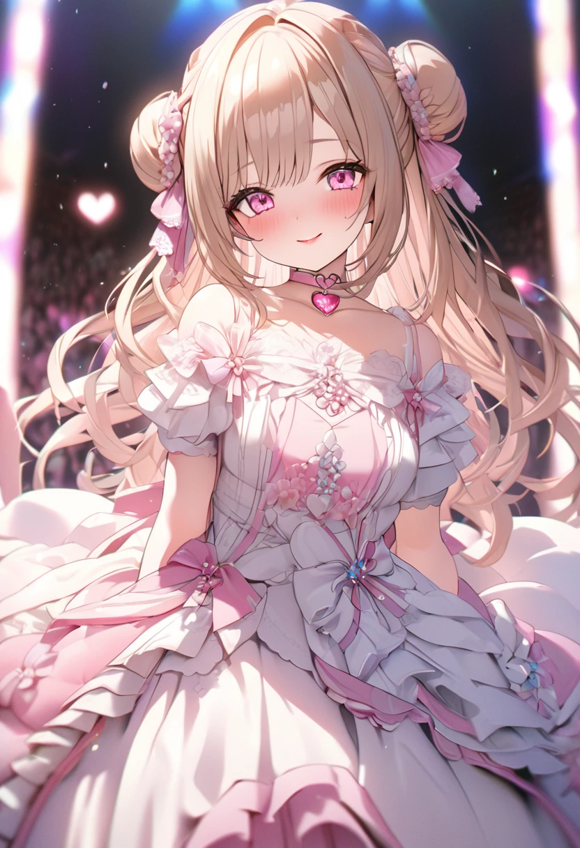One Girl、Gazing at the audience、
Beautiful pink eyes、Brown double hair buns、Mole under the eye、Plump and glossy lips、Heart-shaped choker、Idol、smile、ー、。。。。。。。。。。。。。。。。。。。。。。。。。。。。。。。。3D、Real、
Only for princess dresses with too many frills、Draped clothes、gem、The decoration has been removed、Floral、Lace trim、Bright Stage、
masterpiece、Highest quality、8k、Detailed skin texture、Detailed cloth texture、Beautifully detailed face、Intricate details、Very detailed、
Ultra-high resolution、8K Ultra HD、Film Grain、Best Shadow、delicate、Gazing at the audience、front
