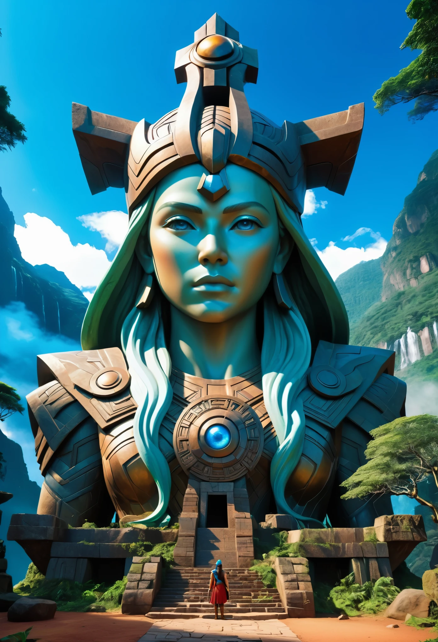 there is a stone statue with a face on it in front of a building, under outer world jungles, film still from 'tomb raider', neo - andean architecture, inspired by Grzegorz Rutkowski, youtube thumbnail, necropolis, realistic fortnite, fallen columns
