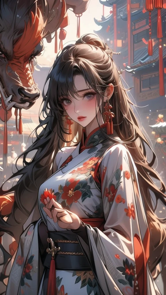 masterpiece,Extremely detailed ofCG unified 8k wallpaper,1 girl, beauty of, Actual, Blur of, Blur of_background, Blur of_prospect, branch, Brown_longhair, 梅flower, depth_of_site, earrings, flower, jewelry, nose, Actual, Alone of,Chinese clothes,Finger hidden, weapon concealment, only wear
