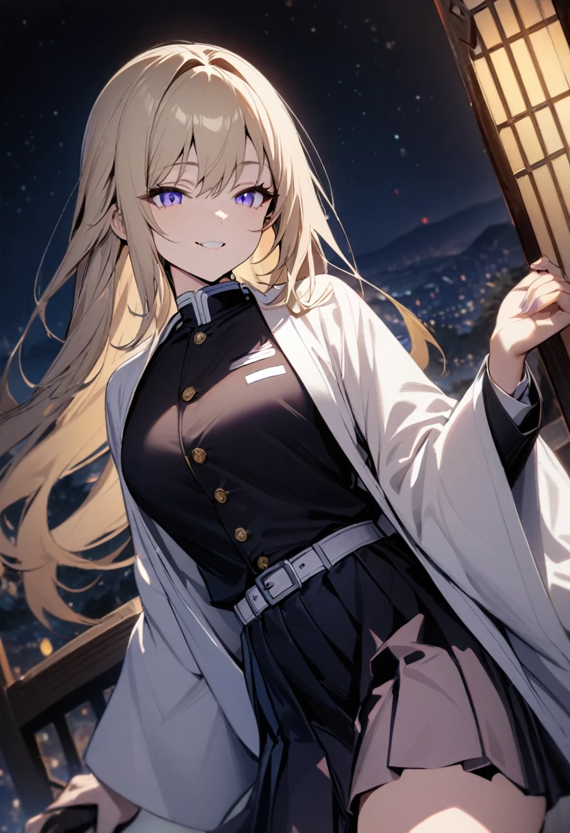 One girl, fair skin, smiling, blonde, long hair, tanzanite eyes, demon slayer uniform, long sleeves, skirt, white haori, night sky, masterpiece, best quality