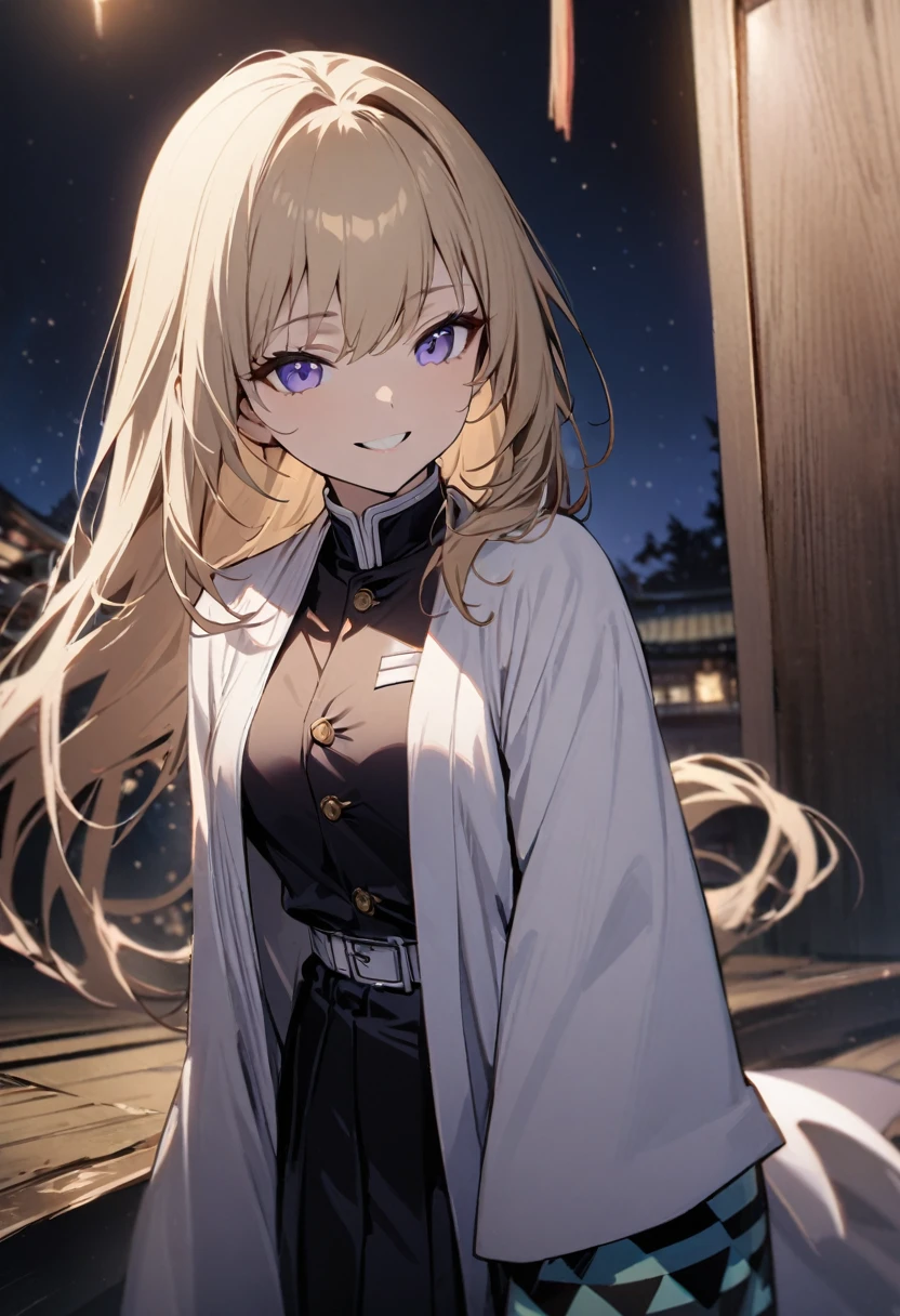 One girl, fair skin, smiling, blonde, long hair, tanzanite eyes, demon slayer uniform, long sleeves, skirt, white haori, night sky, masterpiece, best quality
