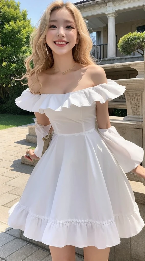 Surreal beautiful woman with blonde wavy hair and a big smile on her face.South Korea.Pure white off-shoulder low-cut dress.role play