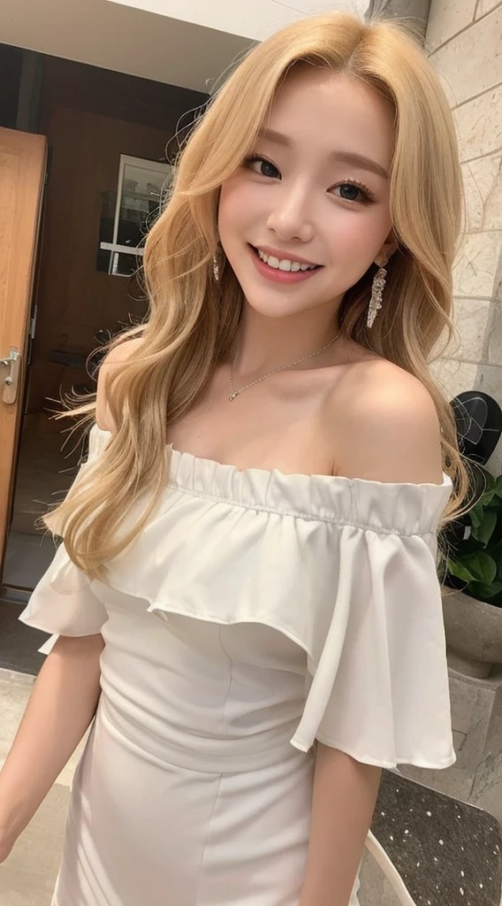 Surreal beautiful woman with blonde wavy hair and a big smile on her face.South Korea.Pure white off-shoulder low-cut dress.role play