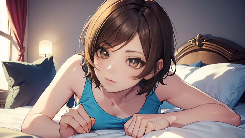 short hair, brown hair, yellow glowing eyes, perfect lips,sleepy look , ready to sleep, cute expression, cute face, laying in the bed, pajama, pillow, tank top, babe doll , sleepyhead pose, ultra detailed face, long eyelashes, sharp eyes , Fullbody shot, dinamic viewer, night sky , dinamic point of view, diferents point of view, room, dinamic picture , laying in the bed