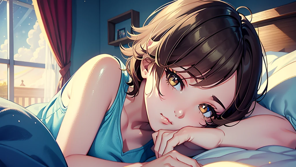 short hair, brown hair, yellow glowing eyes, perfect lips,sleepy look , ready to sleep, cute expression, cute face, laying in the bed, pajama, pillow, tank top, babe doll , sleepyhead pose, ultra detailed face, long eyelashes, sharp eyes , Fullbody shot, dinamic viewer, night sky , dinamic point of view, diferents point of view, room, dinamic picture , laying in the bed