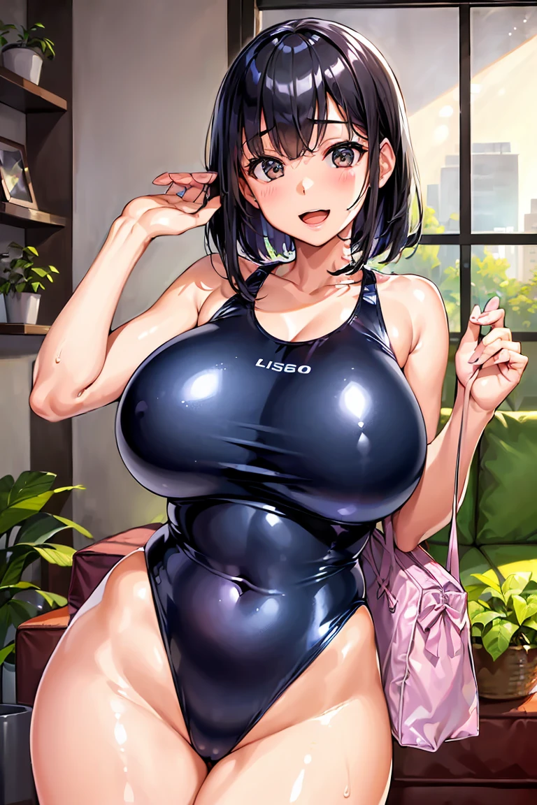 high resolution、Ultra HD、Best Quality、Top quality、Extremely detailed image quality、Realistic woman、A big smile、open mouth, (1girl:1.8)、(looking straight:1.8), Japanese、Peaceful face、45-year-old woman、Married Woman、Plump body、belly button、Black Hair、long、Shiny skin、Skin that is very shiny after applying oil、High gloss skin、Facing forward、The whole body is reflected、(livingroom:1.6)、 standing、Woman wearing(one-piece swimsuit:1.5), (High leg swimsuit:1.2), High leg panties, (Bursting huge breasts、Valley、Shiny skin、radiant skin、Glowing Skin、High gloss skin:1.4)、(recruit bag:1.4), 