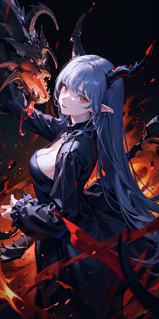 dragon girl Dressed in black and red, with long, slender ears, and on his head with two horns, he was spreading his wings, looking formidable and fierce. There are flames all around. 
