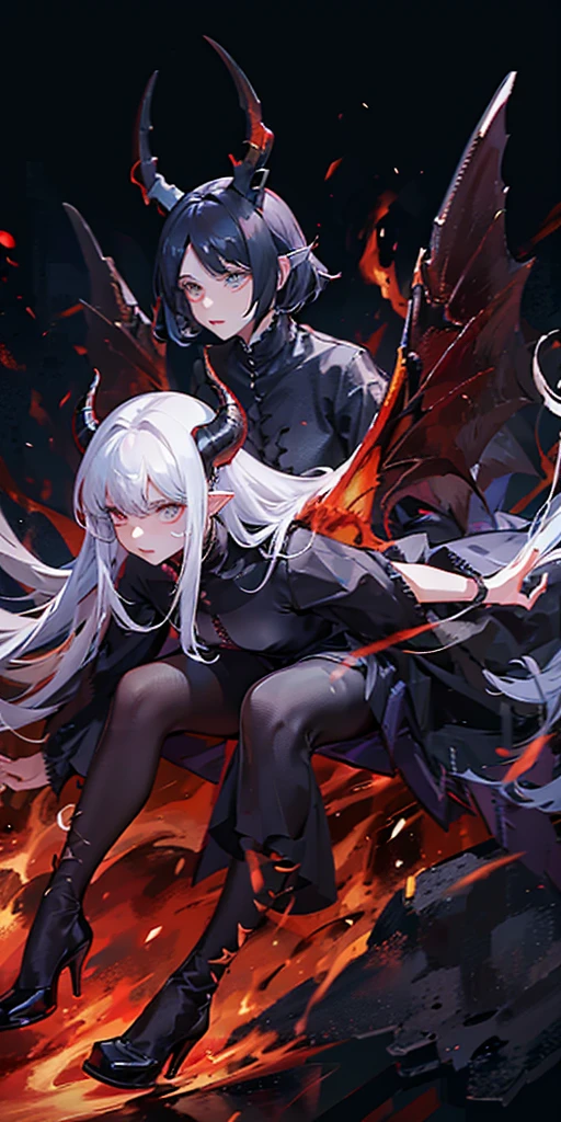 dragon girl Dressed in black and red, with long, slender ears, and on his head with two horns, he was spreading his wings, looking formidable and fierce. There are flames all around. 
