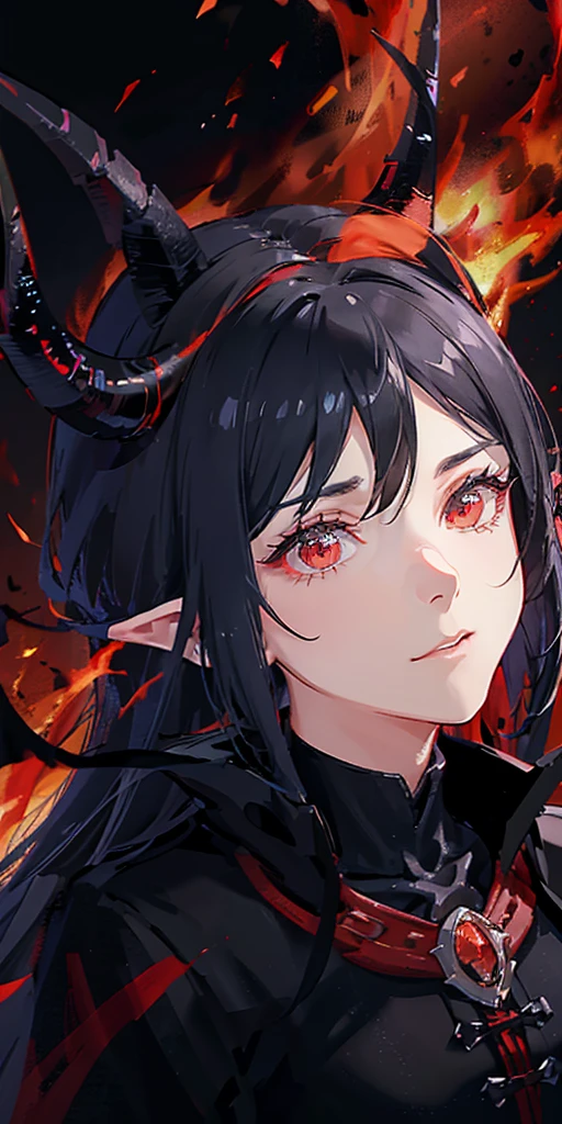 dragon girl Dressed in black and red, with long, slender ears, and on his head with two horns, he was spreading his wings, looking formidable and fierce. There are flames all around.