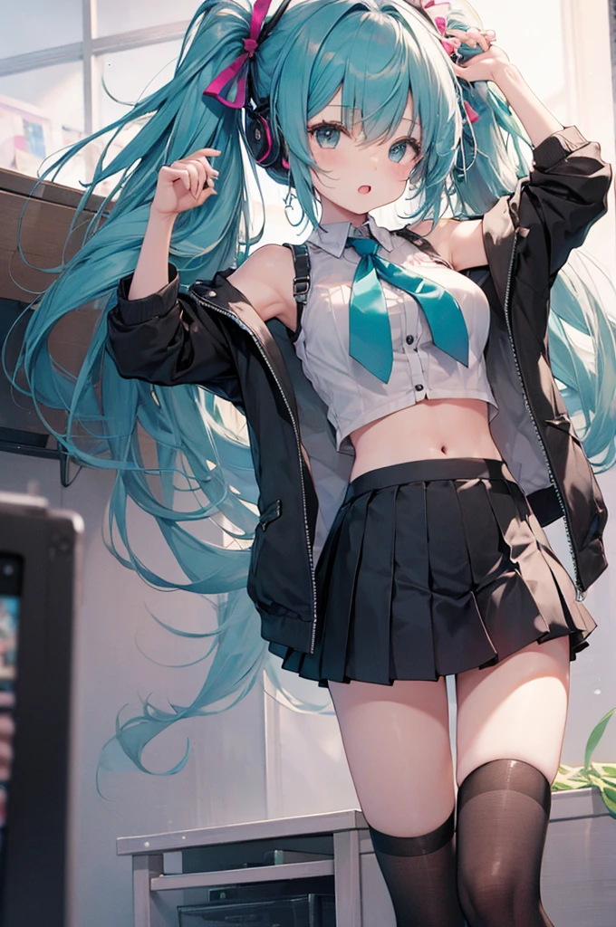 , blue hair, black eyes, green dress, light green skirt, light blue underwear, raising her skirt.