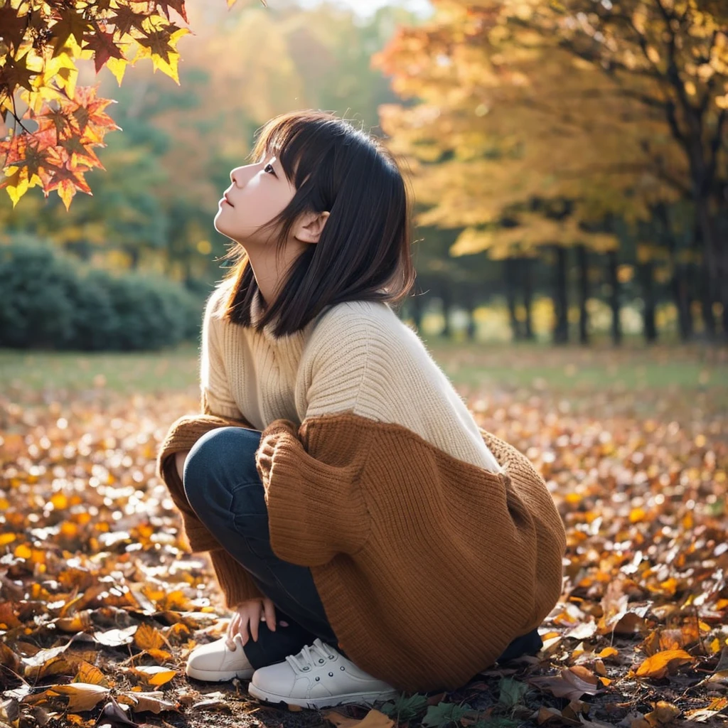 Create an anime-style portrait of a Japanese girl around 18 years old。
Her hair is short and dark brown。
The girl looks a little sad、Autumnal leaves々Looking up at。Cute dog at your feet。This is a scene where someone remembers a loved one.。
Background、It should be a blend of warm and cool colors that complement the overall composition.。
Her outfit is、Imagine early autumn。
Pull angle、high resolution、High quality