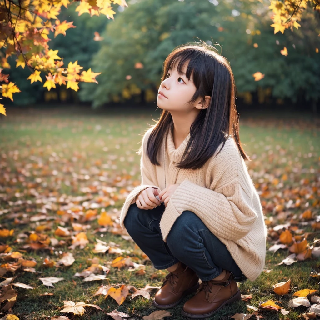 Create an anime-style portrait of a Japanese girl around 18 years old。
Her hair is short and dark brown。
The girl looks a little sad、Autumnal leaves々Looking up at。Cute dog at your feet。This is a scene where someone remembers a loved one.。
Background、It should be a blend of warm and cool colors that complement the overall composition.。
Her outfit is、Imagine early autumn。
Pull angle、high resolution、High quality