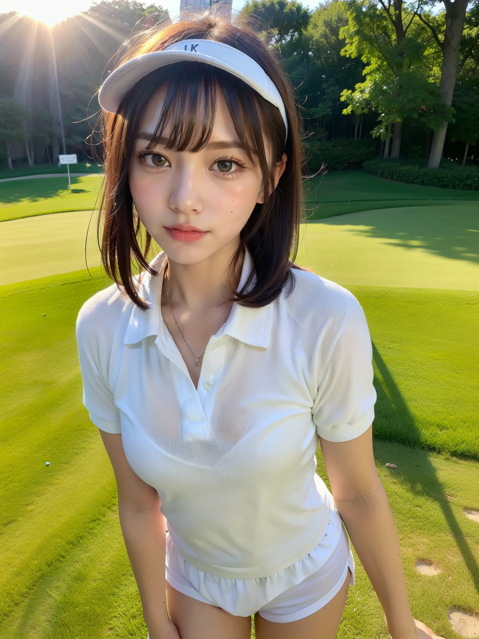 ((Best of the highest quality, 8k, Masterpiece, raw photo: 1.3)), Sharp focus: 1.2, (1 AESPA, slim body type female, 21 y/o: 1.1), (Solo: 1.2), (realistic, photo-realistic:1.37), face focus, cute face, finely eyes, (droopy eyes: 1.32), (Emphasize prominent aegyo-sal with bright: 1.2), shimmering eyeshadow applied under the lower lash line, paired with thick, (small breasts, flat chest, Thigh: 1.3), (short bob hair, bangs: 1.2), (polo shirt, panties, sun visor: 1.24), walking Golf course, sun light, flower,