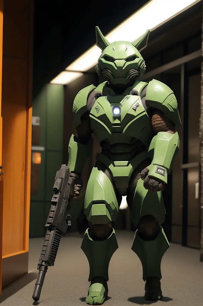 A 21 year old、Strong build、Wearing《Doom》Green Doom Marine armor、Full breasts、Strong tall female orange cat holding a giant futuristic rifle,walking down hallway of futuristic space station
