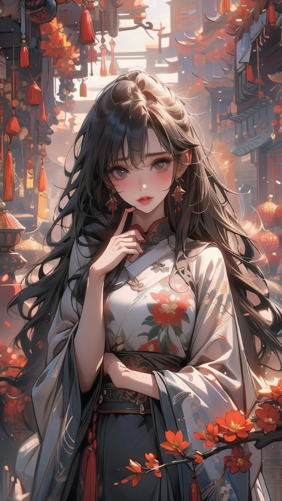 masterpiece,Extremely detailed ofCG unified 8k wallpaper,1 girl, beauty of, Actual, Blur of, Blur of_background, Blur of_prospect, branch, Brown_longhair, 梅flower, depth_of_site, earrings, flower, jewelry, nose, Actual, Alone of,Chinese clothes,Finger hidden, weapon concealment, only wear
