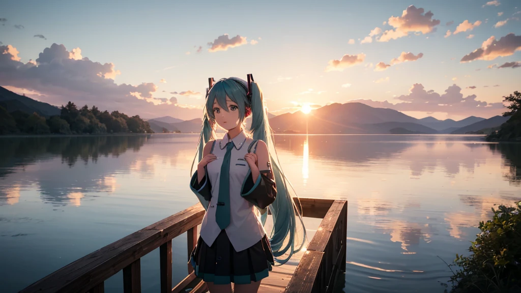 Hatsune Miku in the sunset、Standing on a wooden bridge beside a quiet lake。She is close to the camera、Gazing into the distance with a calm expression。Her hair flutters in the wind、In the background is a calm lake and a sunset sky.。