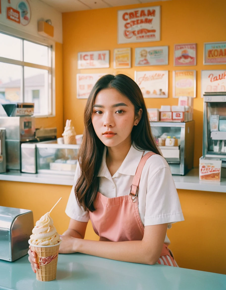 Portrait MagMix Girl looking at camera, Long hair, Work clothes, Retro style ice cream shop，Light-colored walls, Cold drink counter, and retro ice cream poster, Bathed in the warm sunshine, Analog film photos, Kodak color film.