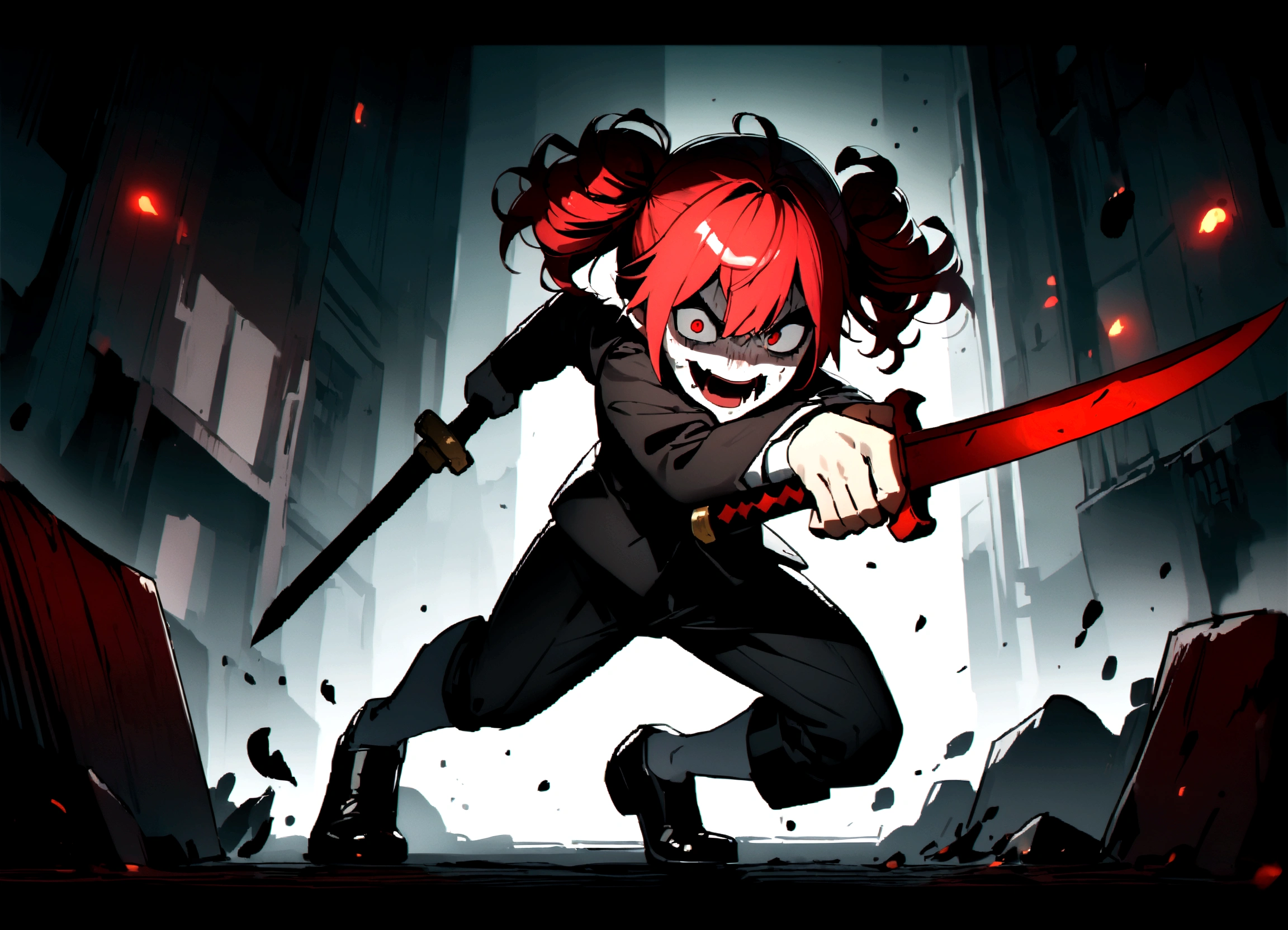 Red hair、Black suit、Black slacks、Wearing leather shoes、Holding a sword、Scary face