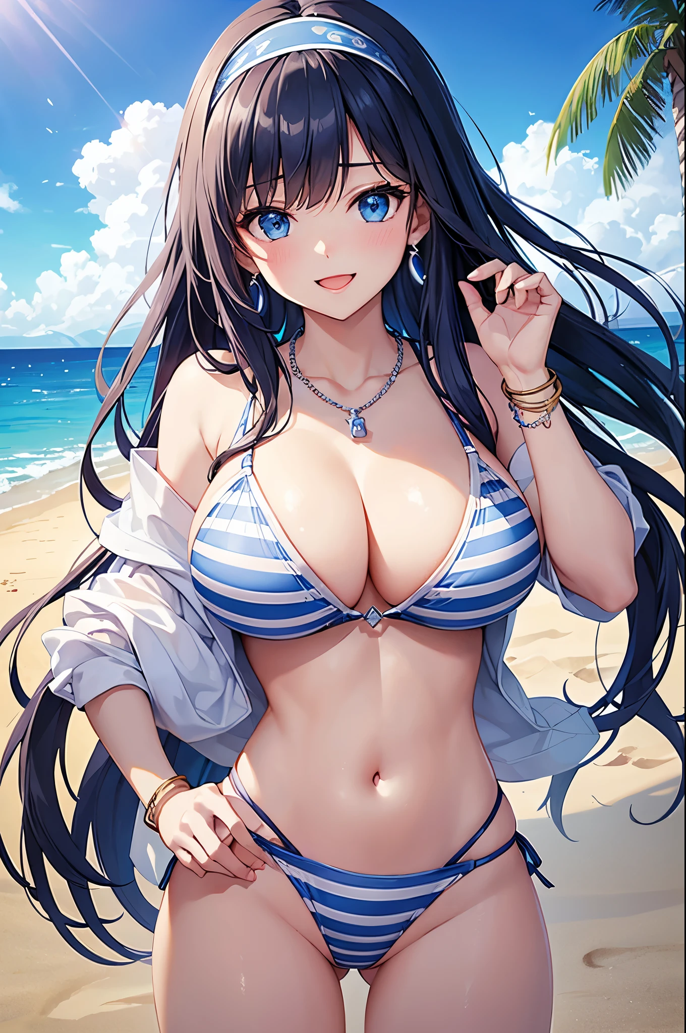 Highest quality、Highest quality、masterpiece、Beauty、Navy blue long hair、blue eyes、Sexy White Bikini(Dark stripes)、Big cleavage、(Big Breasts)、smile、blue necklace、Blue Earrings、background(Beach)、Please open your mouth wide、White headband、bracelet、Dynamic pose