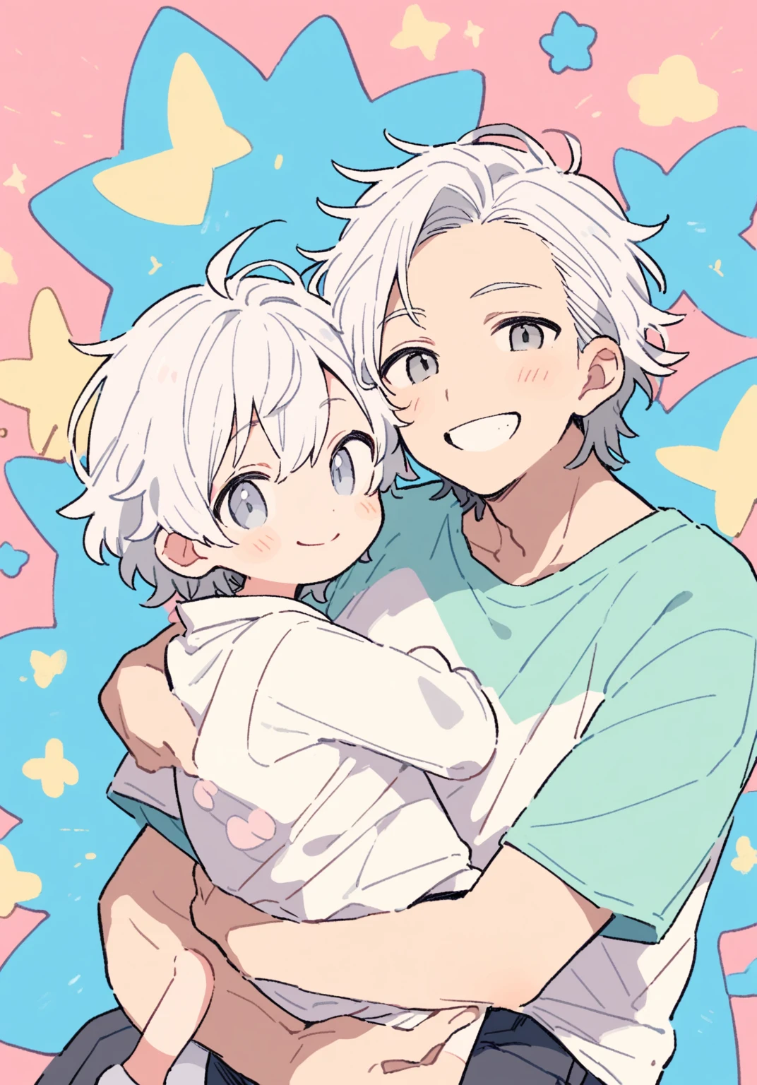 tegaki chibi 2boys pastel colors gradient flat chest father and son hug white hair gray eyes smile