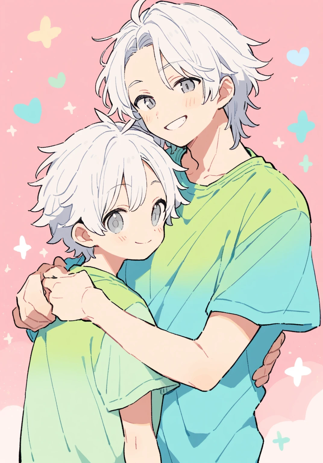 tegaki chibi 2boys pastel colors gradient flat chest father and son hug white hair gray eyes smile