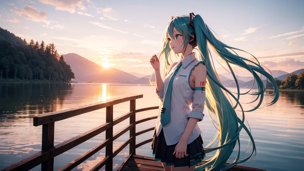 Hatsune Miku in the sunset、Standing on a wooden bridge beside a quiet lake。She is close to the camera、Gazing into the distance with a calm expression。Her hair flutters in the wind、In the background is a calm lake and a sunset sky.。
