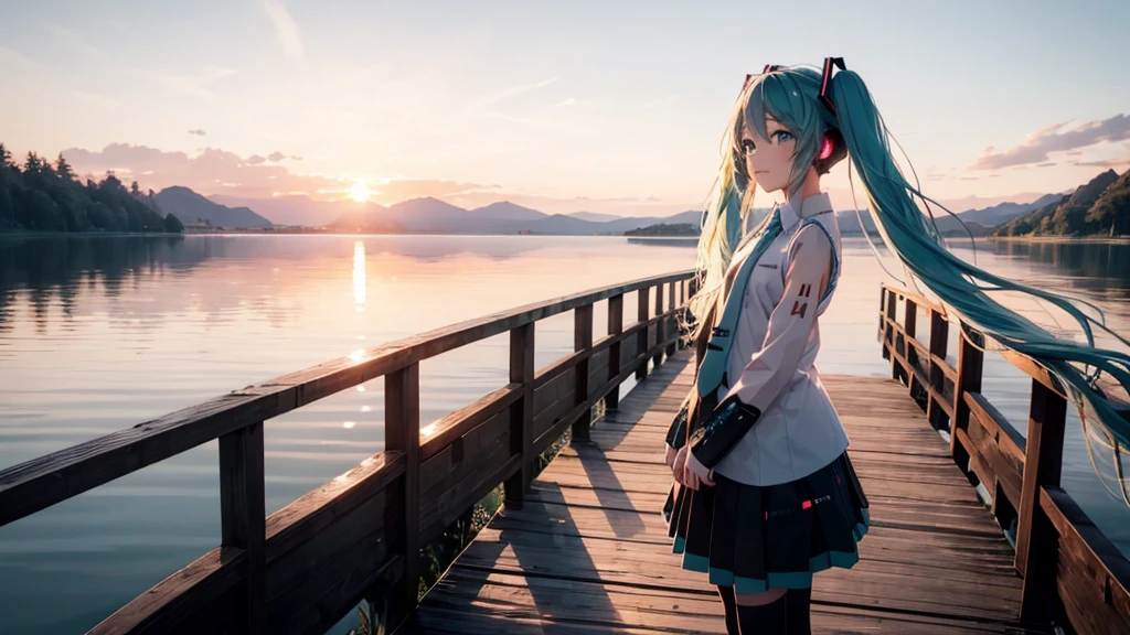Hatsune Miku in the sunset、Standing on a wooden bridge beside a quiet lake。She is close to the camera、Gazing into the distance with a calm expression。Her hair flutters in the wind、In the background is a calm lake and a sunset sky.。