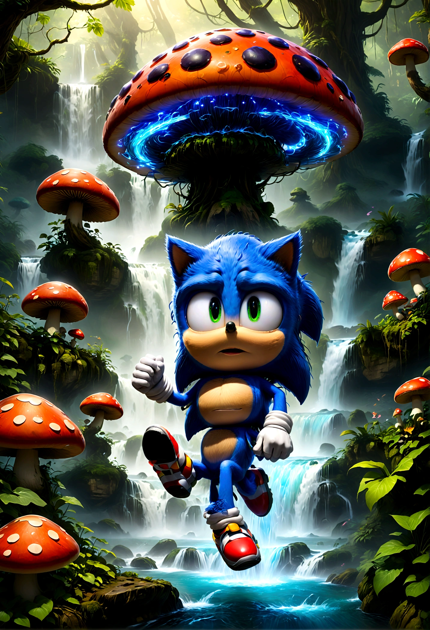 Sonic the Hedgehog, Sonic steps into a forest filled with magic, where giant mushrooms and glowing plants grow. He needs to solve puzzles of nature, such as jumping over flowing waterfalls, circumventing mesmerizing illusions, befriending forest guardians, to find the portal leading to the next world, solo, Sonic Movie, Running towards the viewer, Motion Blur, action-lines, speed-lines, anime screenshot, source_anime, dramatic composition, cinematic dynamic action scene, vibrant colors, cinematic lighting, dramatic lighting, best quality, masterpiece, very aesthetic, perfect composition, intricate details, ultra-detailed