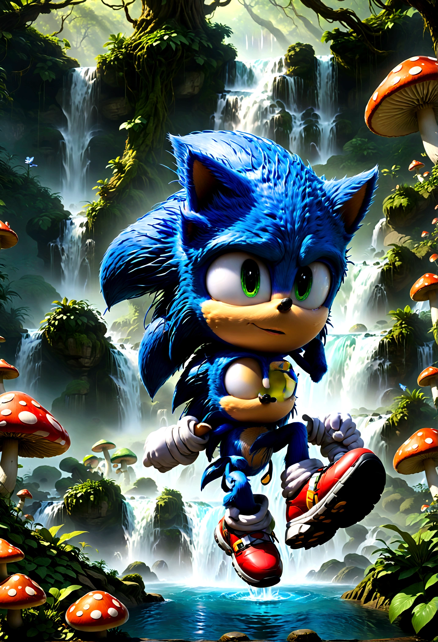 Sonic the Hedgehog, Sonic steps into a forest filled with magic, where giant mushrooms and glowing plants grow. He needs to solve puzzles of nature, such as jumping over flowing waterfalls, circumventing mesmerizing illusions, befriending forest guardians, to find the portal leading to the next world, solo, Sonic Movie, Running towards the viewer, Motion Blur, action-lines, speed-lines, anime screenshot, source_anime, dramatic composition, cinematic dynamic action scene, vibrant colors, cinematic lighting, dramatic lighting, best quality, masterpiece, very aesthetic, perfect composition, intricate details, ultra-detailed