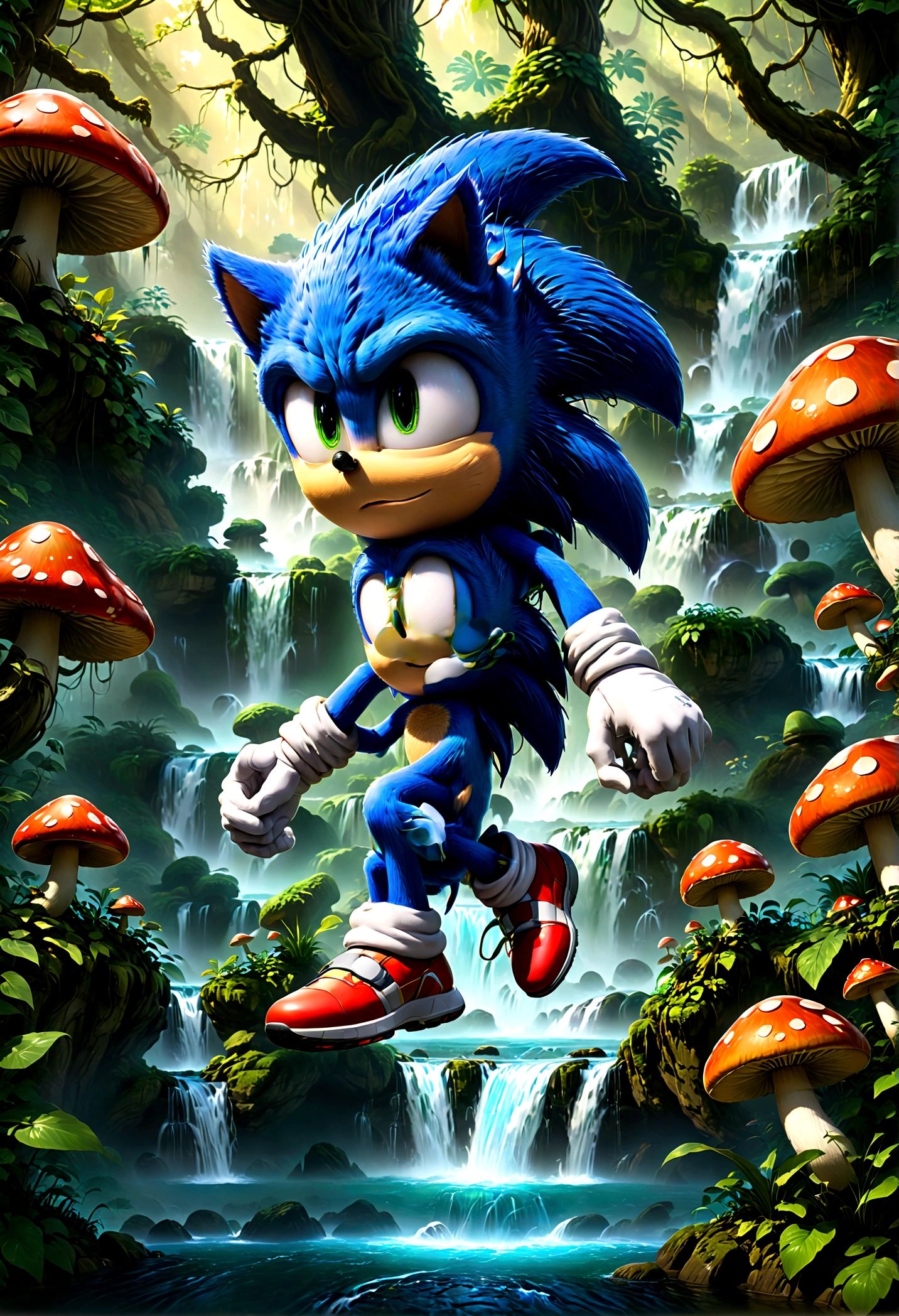 Sonic the Hedgehog, Sonic steps into a forest filled with magic, where giant mushrooms and glowing plants grow. He needs to solve puzzles of nature, such as jumping over flowing waterfalls, circumventing mesmerizing illusions, befriending forest guardians, to find the portal leading to the next world, solo, Sonic Movie, Running towards the viewer, Motion Blur, action-lines, speed-lines, anime screenshot, source_anime, dramatic composition, cinematic dynamic action scene, vibrant colors, cinematic lighting, dramatic lighting, best quality, masterpiece, very aesthetic, perfect composition, intricate details, ultra-detailed