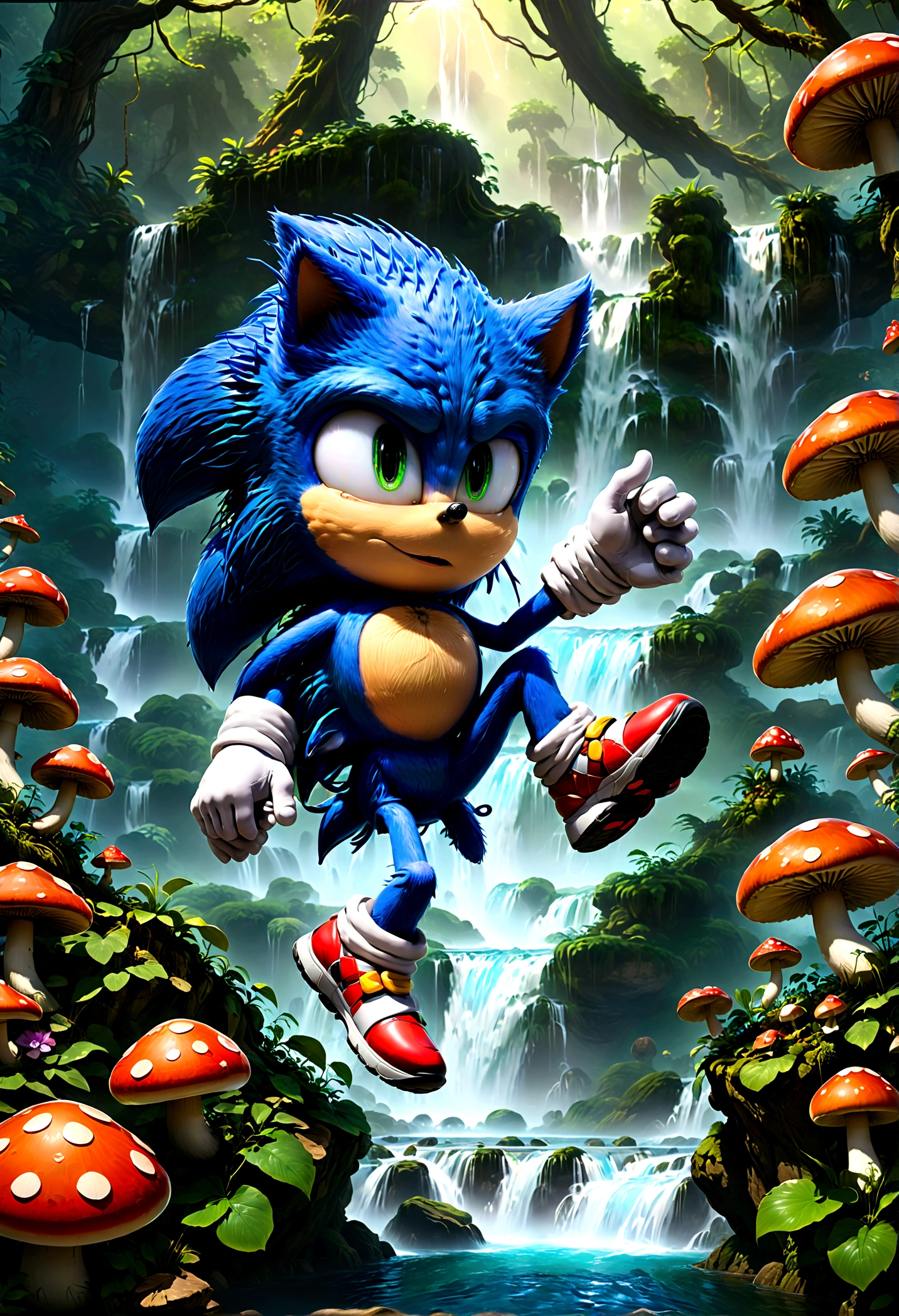 Sonic the Hedgehog, Sonic steps into a forest filled with magic, where giant mushrooms and glowing plants grow. He needs to solve puzzles of nature, such as jumping over flowing waterfalls, circumventing mesmerizing illusions, befriending forest guardians, to find the portal leading to the next world, solo, Sonic Movie, Running towards the viewer, Motion Blur, action-lines, speed-lines, anime screenshot, source_anime, dramatic composition, cinematic dynamic action scene, vibrant colors, cinematic lighting, dramatic lighting, best quality, masterpiece, very aesthetic, perfect composition, intricate details, ultra-detailed