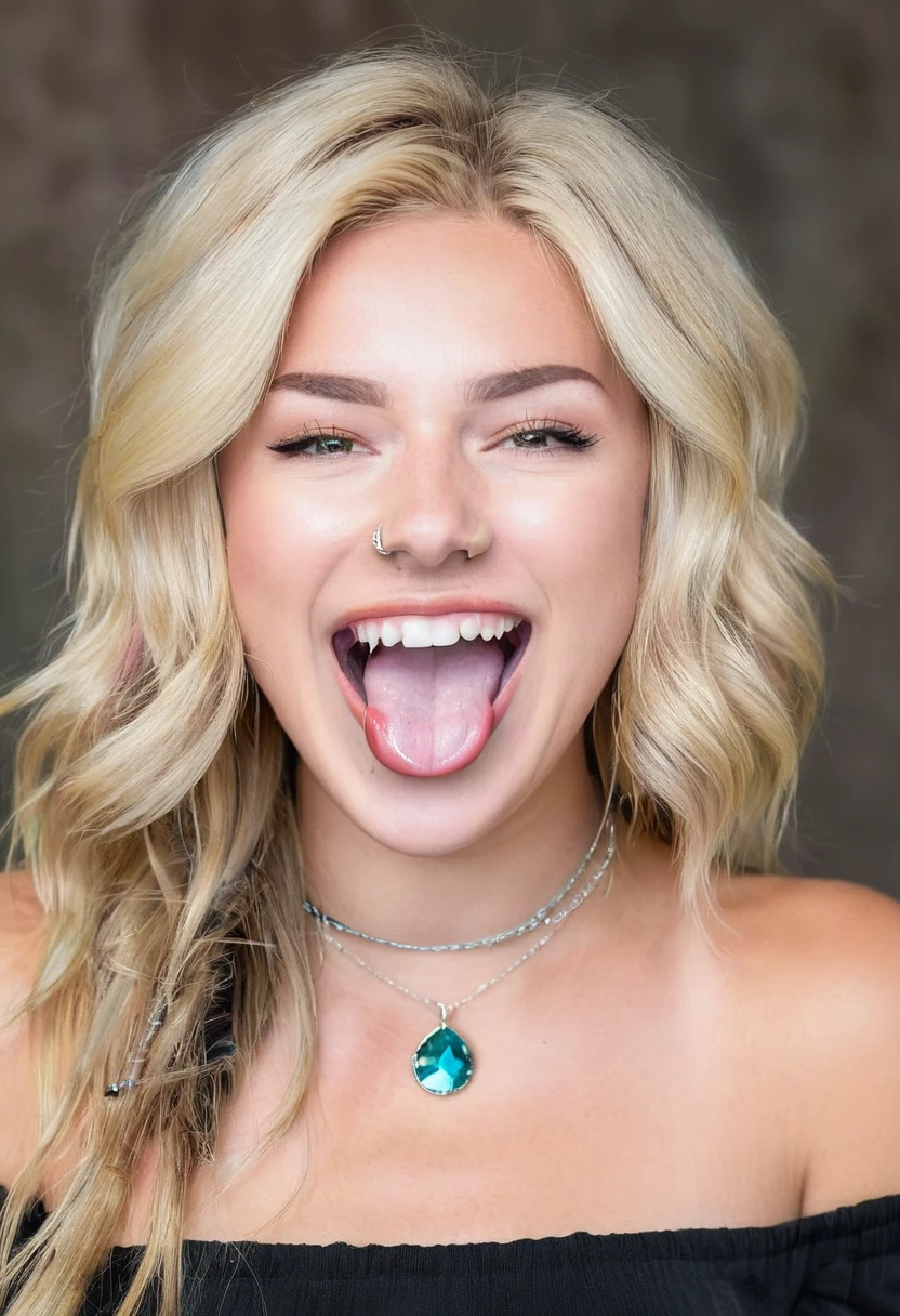 GeorgiaEllenwood, long hair, looking at viewer, smile, open mouth, blonde hair, simple background, bare shoulders, jewelry, tongue, tongue out, necklace, piercing, sharp teeth, portrait, realistic, tongue piercing