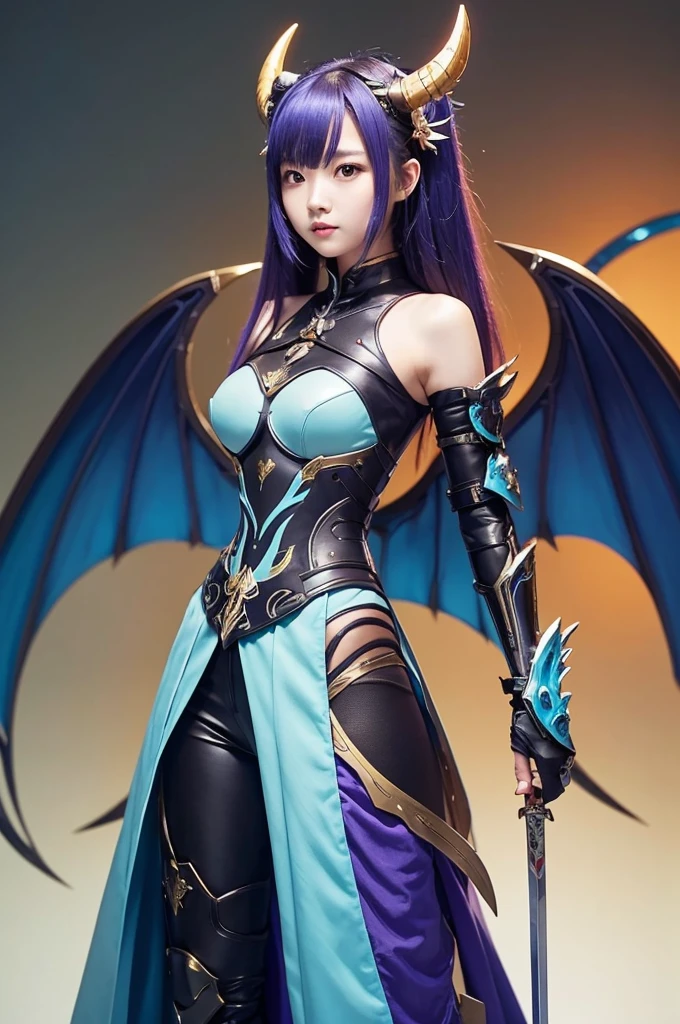 Vertical screen、Full Body、A beautiful Japanese warrior with cosmic beauty stands。She has a strong presence against a vibrant orange background.。Mint green short hair、It has a pair of large horns on its head.。Her expression was serious and、Makes you feel strong-willed。
Her outfit is very distinctive、Featuring metal armor and fantasy-inspired decoration。The armor is a shiny metallic color.、Blue or purple、The black shades are perfectly combined。Shoulders and arms、The legs have complex mechanical parts.、It seems to have improved mobility and defense.。Her left arm is especially heavily armored.、It seems to function as a key element in attack and defense in battle.。
She has big wings spread across her back.、これもBlue or purpleの色合いで描かれています。The wings are designed to resemble a dragon.、It emphasizes her fantasy element.。Also、She has a long tail growing from her waist.、This tail is also made up of mechanical parts.。
In her right hand she holds a huge sword.、This sword is designed to look as if it is one with the machine.。The blade of the sword is sharp、It appears to emit a blue light。The sword hilt has intricate mechanical details.、It shows that it is her powerful weapon.。
Under her costume、I see a white frilly skirt、The design combines the strength of a warrior with cuteness.。Overall、Her designs have a unique style that combines futuristic technology with fantasy elements.。
The background is a simple orange color.、It's an effective contrast that brings out the strong presence of the characters.。The overall colors are vivid、It's a very visually striking image.。This image is、A story of a powerful female warrior in a world where the future and fantasy intersect、It's a very artistic piece.。
