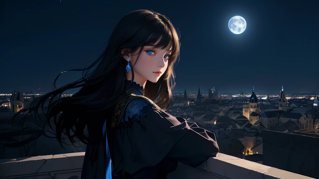 ultra-detailed, beautiful eyes, detailed eyes, detailed face, ultra-detailed, beautiful eyes, Black medium hair, high angle shot, Woman with beautiful blue eyes, (((You are looking at a medieval European night scene with a fantastic spread of pale lights around you))), black casual loose-fitting dress, leaning against the wall, deep blue background, moonlight, (((World with blue background))), ((city lights shining beautifully)), blur, Composition like a scene from a movie, master piece, best quality, high resolution, 16k
