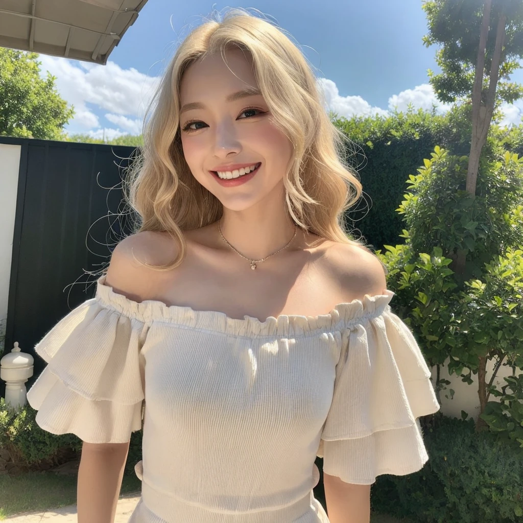 Surreal beautiful woman with blonde wavy hair and a big smile on her face.South Korea.Pure white off-shoulder low-cut dress.role play