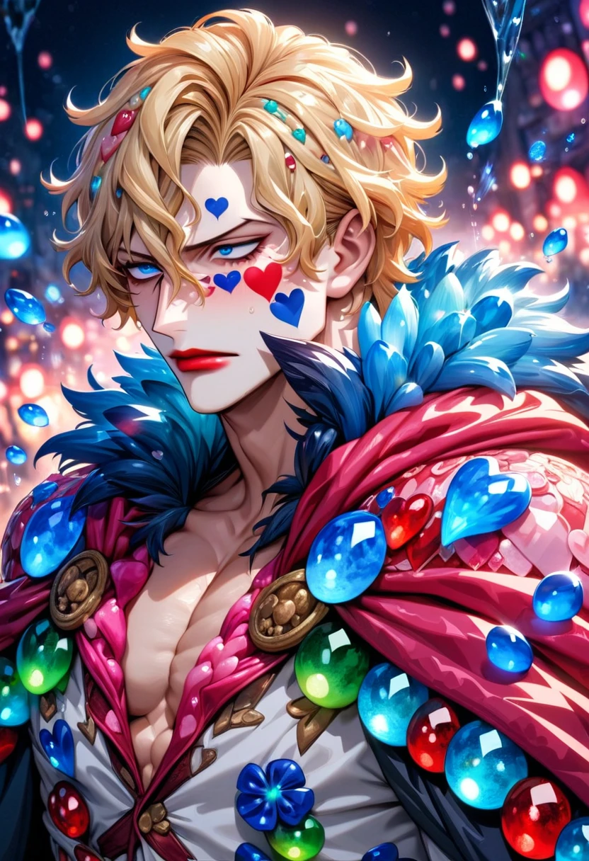 Ultra detailed, highres, absurdres, HDR, master piece, Donquixote Rosinante Corazon, blond hair, expressive blue eyes, red lips, pink shirt with red hearts patters, black fur cape, One Piece, fantasy, blue petals, blue flowers, handsome, sexy man, solo, magical, shining blue fireflies, best quality, extremely detailed face and eyes, water,