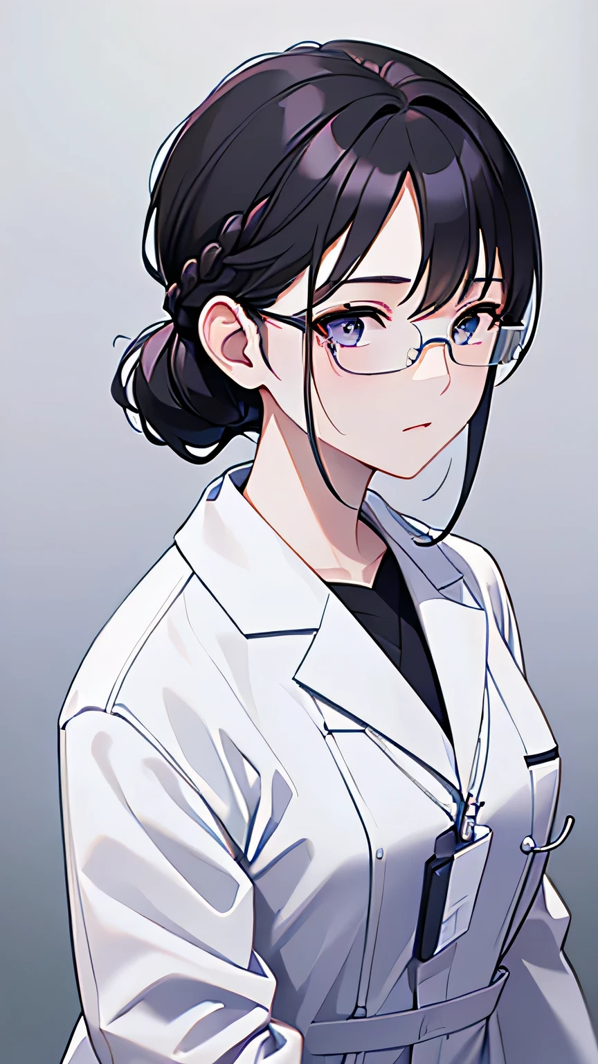 ((masterpiece)), ((best quality)), perfect detailed eyes, perfect detailed face, sharp focus, doctor, at hospital, black hair, parted bangs, braided ponytail, rimless eyewear, ((White coat, hospital scrubs:1.3)), Doctor's coat, During examination, surgeon, surgery