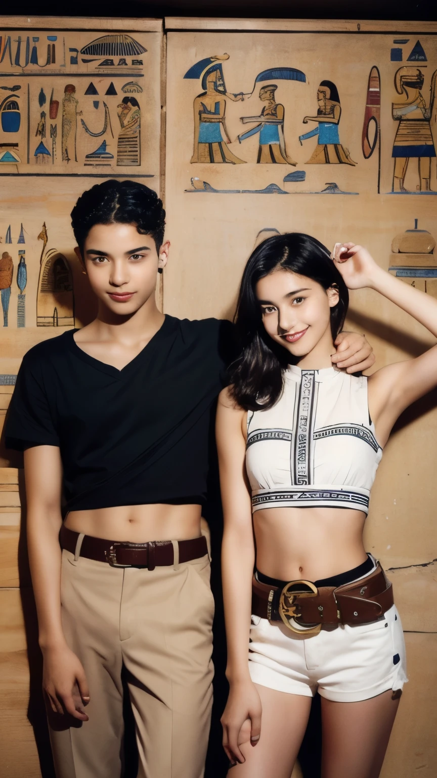 244 (An 18-year-old female and an 18-year-old male), short hair,kind, lipstick, Egyptian civilization, Waist belt, Hieroglyphics, smile