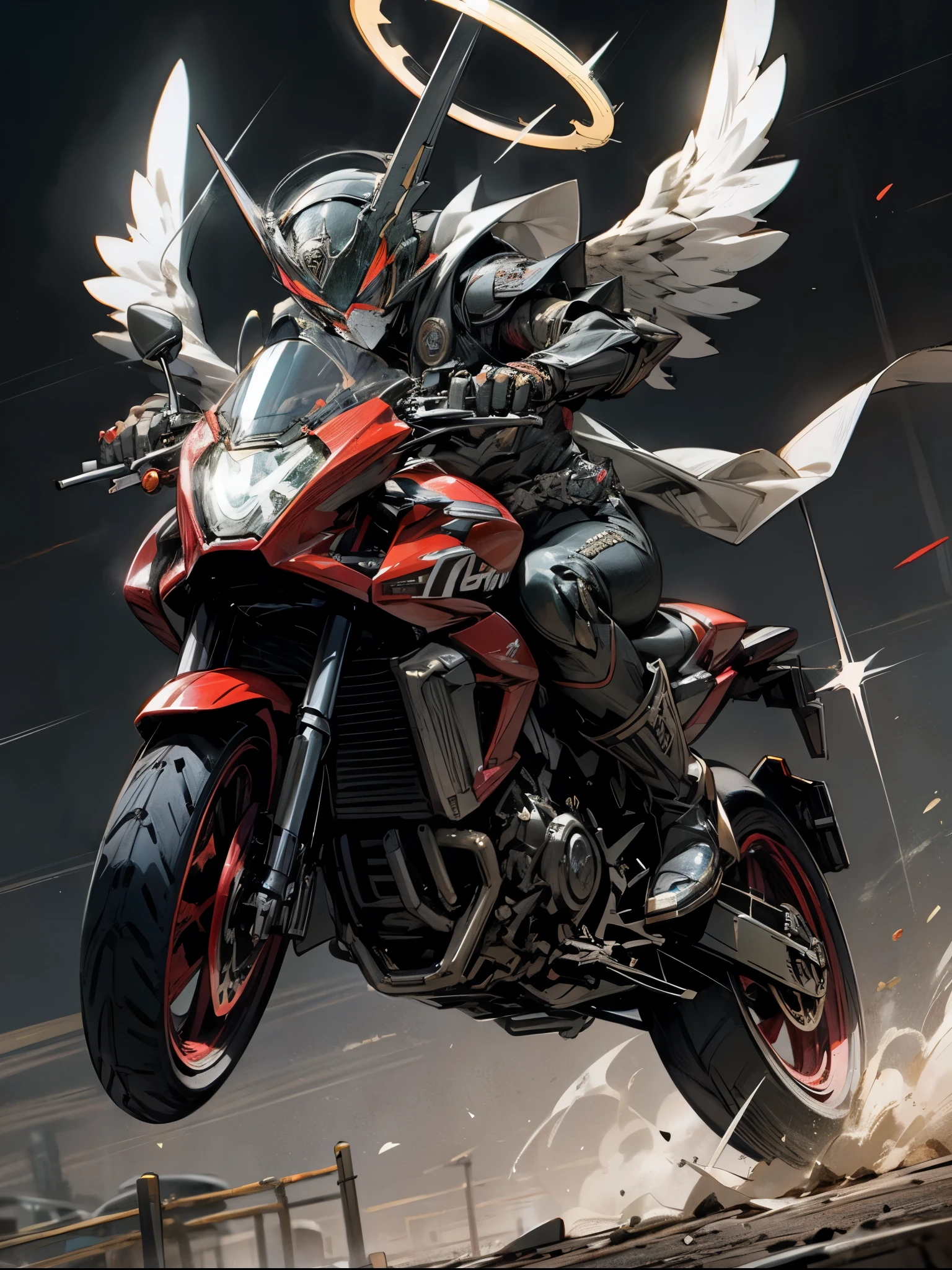 Kamen Rider,Angel, woman,heaven battle arena background,rider kick,halo,devil custumize morter cycle riding,riders battle royal,