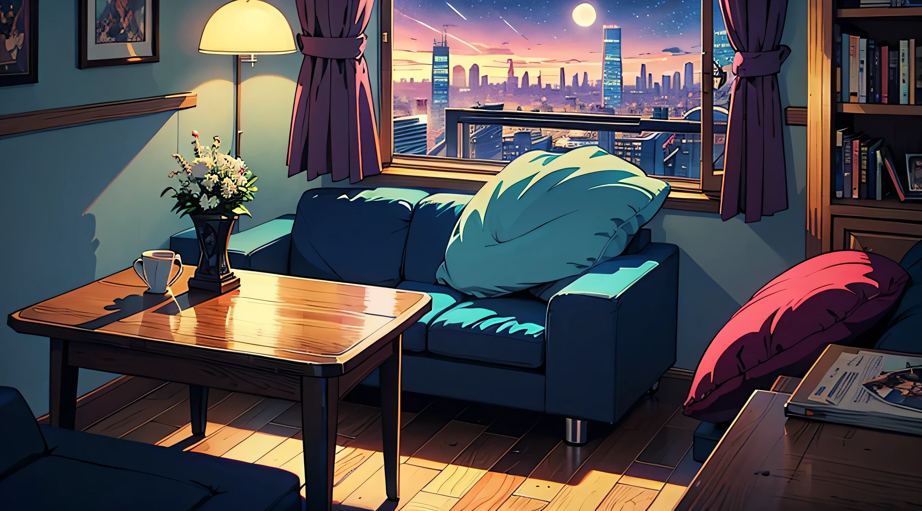 (((Movie angle))), Bed in a room with bookshelves, Night sky outside the window, City outside the window, Bedside tables, Table lamp, Socks scattered on the floor, Cushions on the floor, (Tabletop:1.5, highest quality:1.5), ((Vaporwave Style, Partially colored)), (((vanilla))), Retro Anime, 1990s anime, 1980s anime, Retro Anime style, masterpiece, highest quality, Beautiful Anime, (ultra-Detailed Background, Detailed Background), High resolution, Very detailed, Lo-fi illustration, anime art wallpaper 4k, anime art wallpaper 4k,