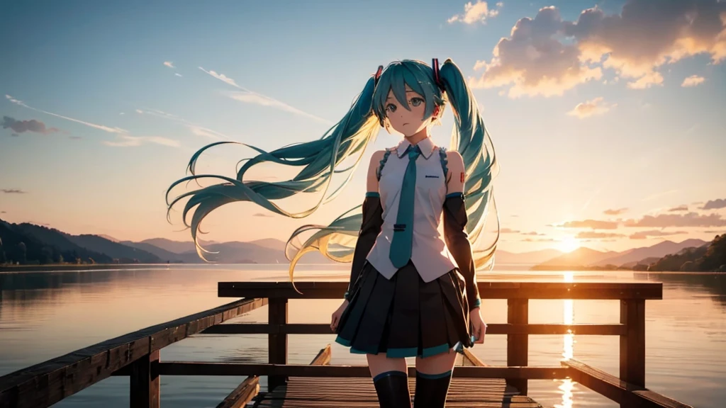 Hatsune Miku in the sunset、Standing on a wooden bridge beside a quiet lake。She is close to the camera、Gazing into the distance with a calm expression。Her hair flutters in the wind、In the background is a calm lake and a sunset sky.。
