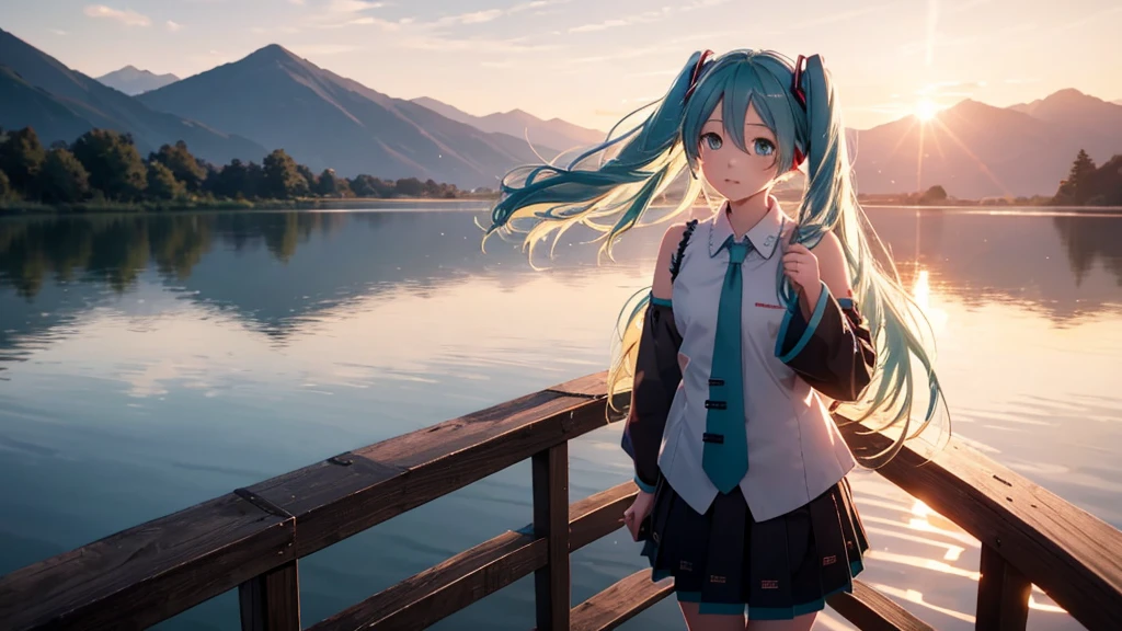 Hatsune Miku in the sunset、Standing on a wooden bridge beside a quiet lake。She is close to the camera、Gazing into the distance with a calm expression。Her hair flutters in the wind、In the background is a calm lake and a sunset sky.。