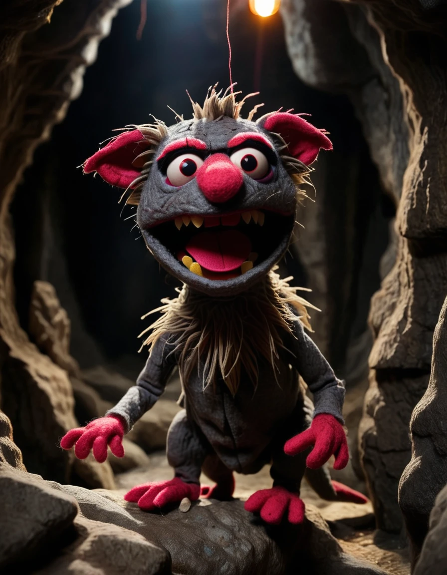 in a felt puppet world style,, A chupacabra lurking in the depths of a dark cavern. pale, red-eyes, creepy, dramatic lighting, detailed, high saturation