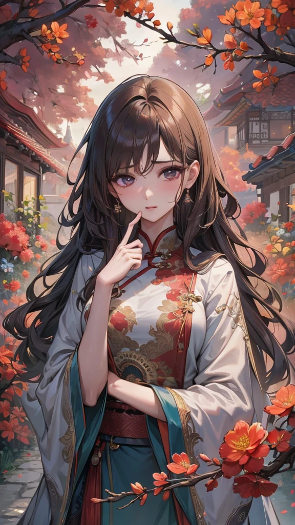 masterpiece,Extremely detailed ofCG unified 8k wallpaper,1 girl, beauty of, Actual, Blur of, Blur of_background, Blur of_prospect, branch, Brown_longhair, 梅flower, depth_of_site, earrings, flower, jewelry, nose, Actual, Alone of,Chinese clothes,Finger hidden, weapon concealment, only wear
